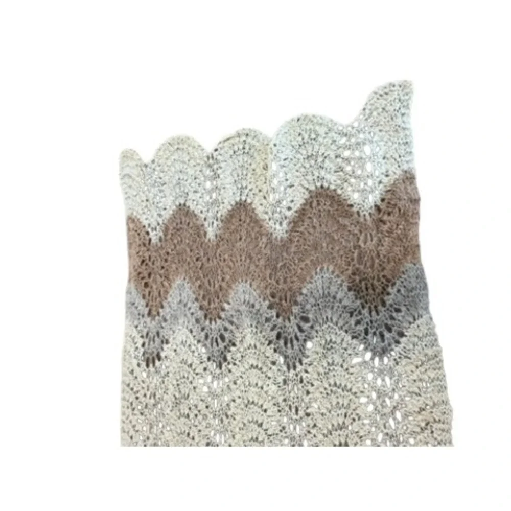 Handmade Crochet Chevron Shawl Neutral Earth Tone Scalloped Edge Wrap 63x21